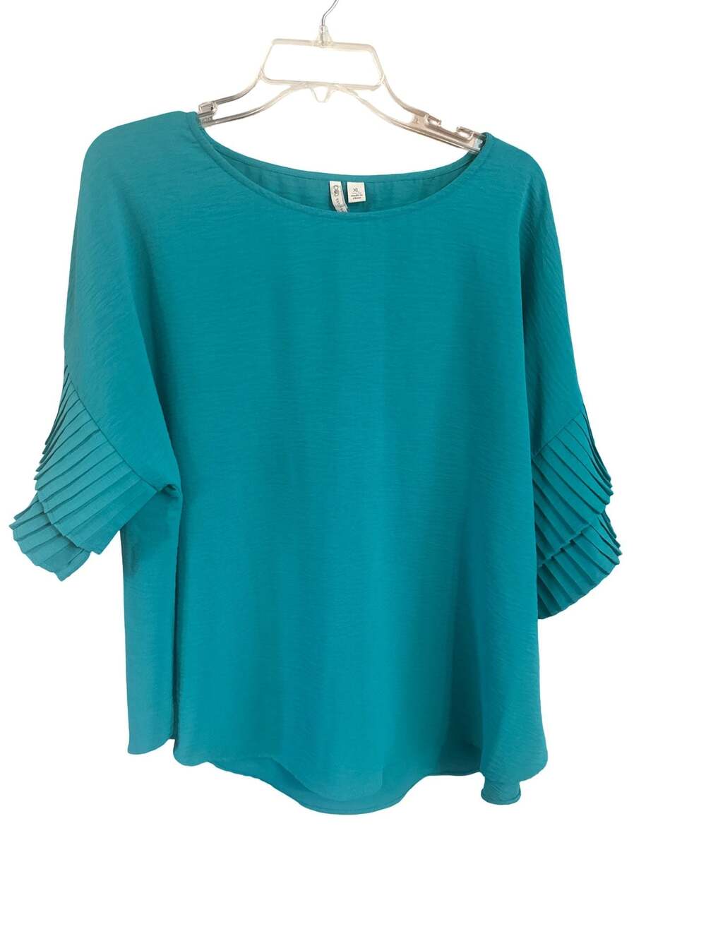 Cato Women's Teal Scoop Neck Blouse with Pleated Flutter Sleeves